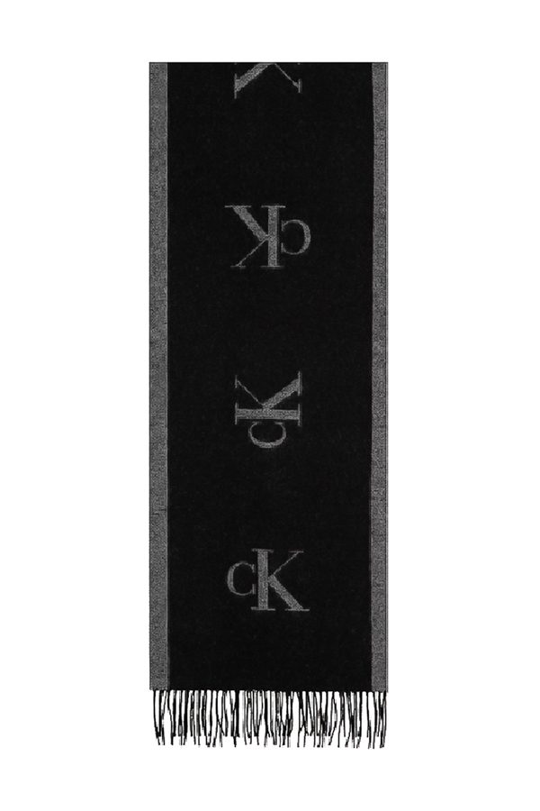 A black and grey Calvin Klein monogram wool scarf