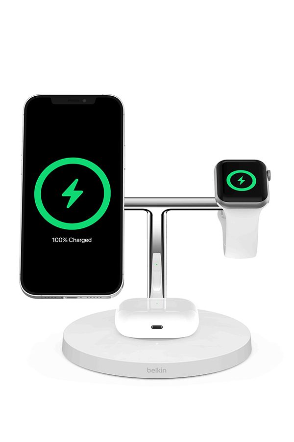Belkin Boost charge Pro 3-in-1 wireless charger, featuring a smartphone and smart watch on two mounts and a wireless earbud case charging on the base