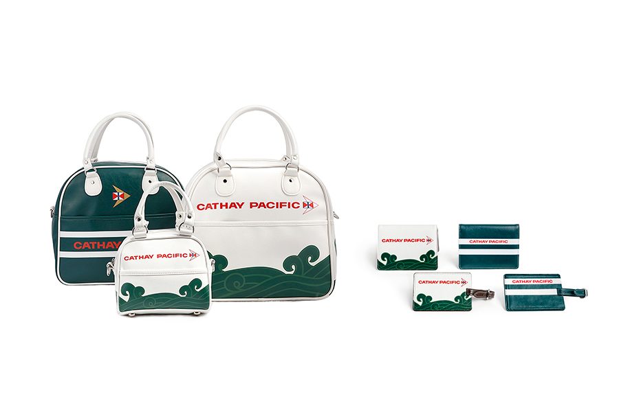 The complete collection of Cathay Classic bowling bag, luggage tag and passport holder in cream white and dark green