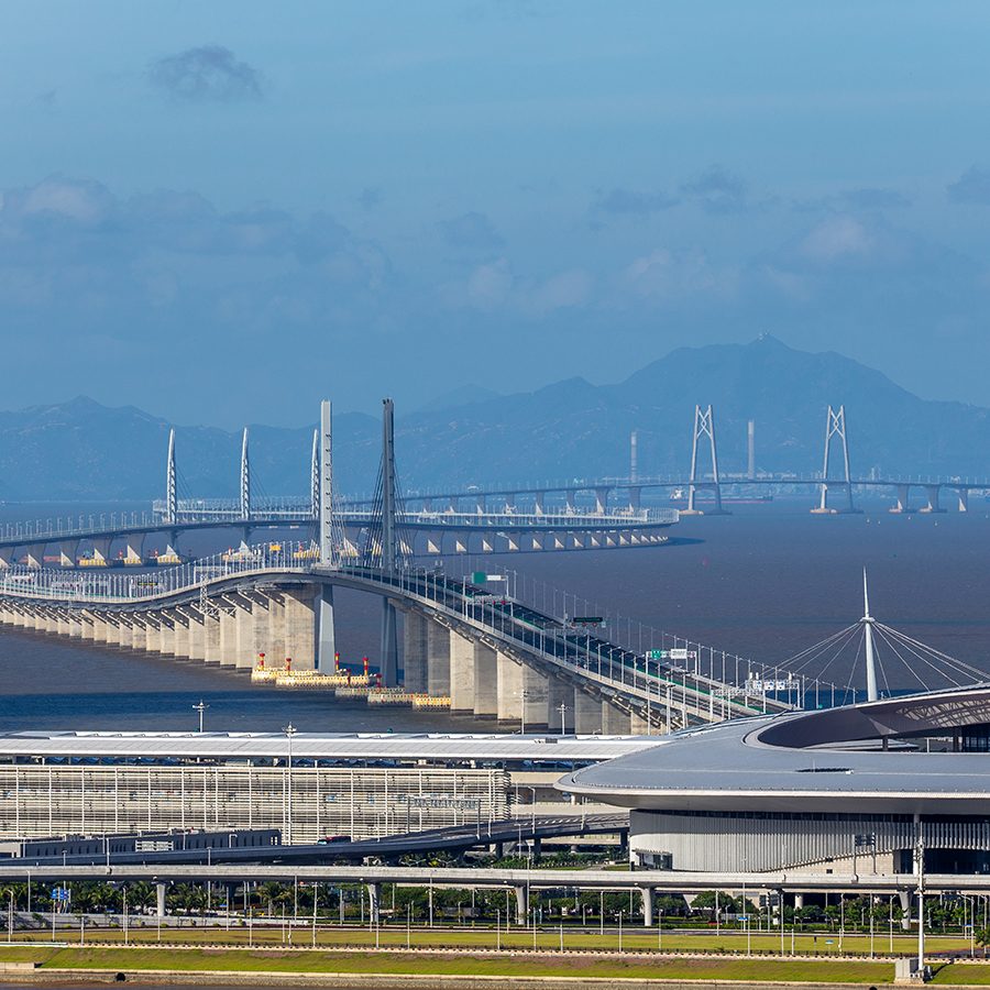 A wide view of the Hong Kong-Zhuhai-Macao-Bridge from afar. 