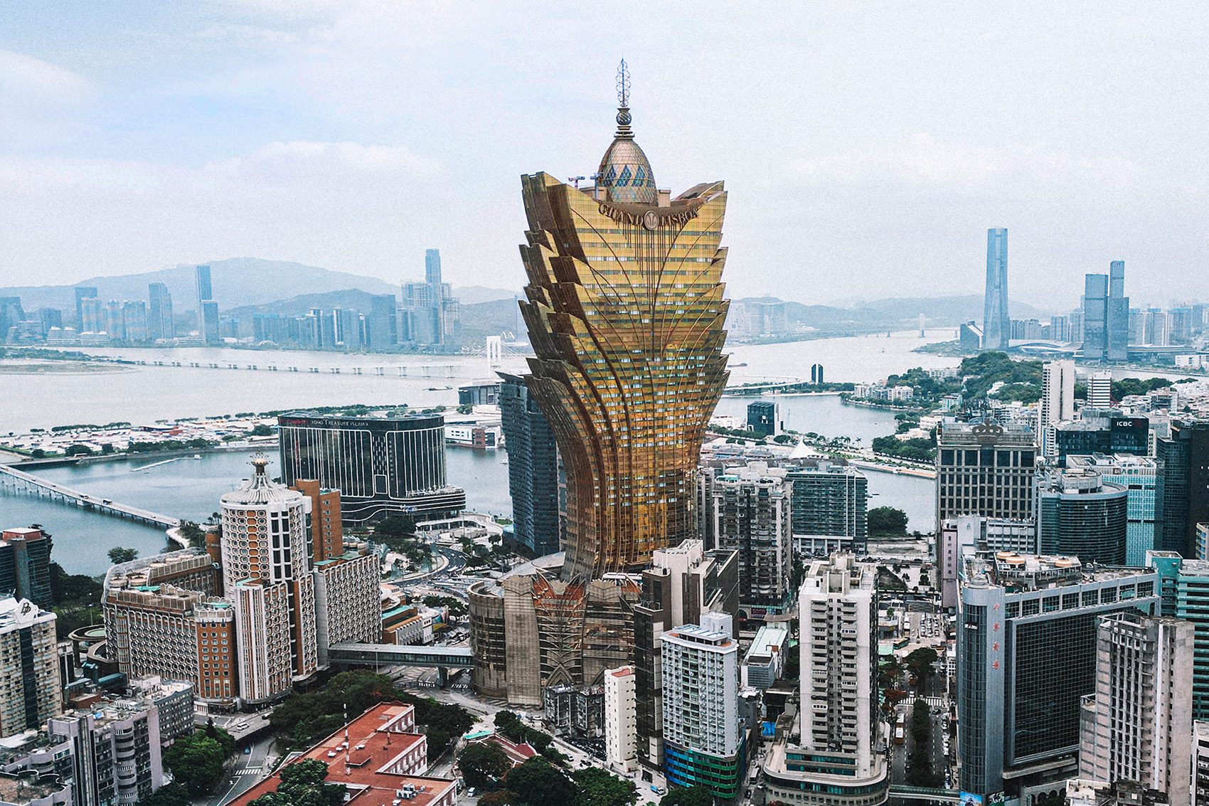 A wide shot of Macao’s city centre, featuring the Grand Lisboa