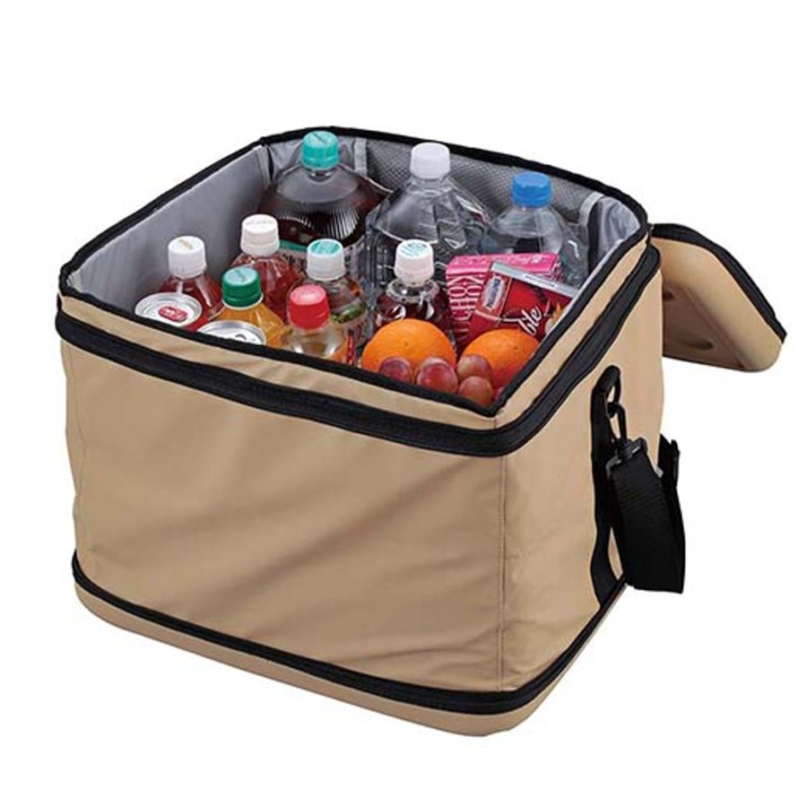 Captain Stag 43L foldable cooler bag in beige filled with canned beverages, bottled drinks and fresh fruits