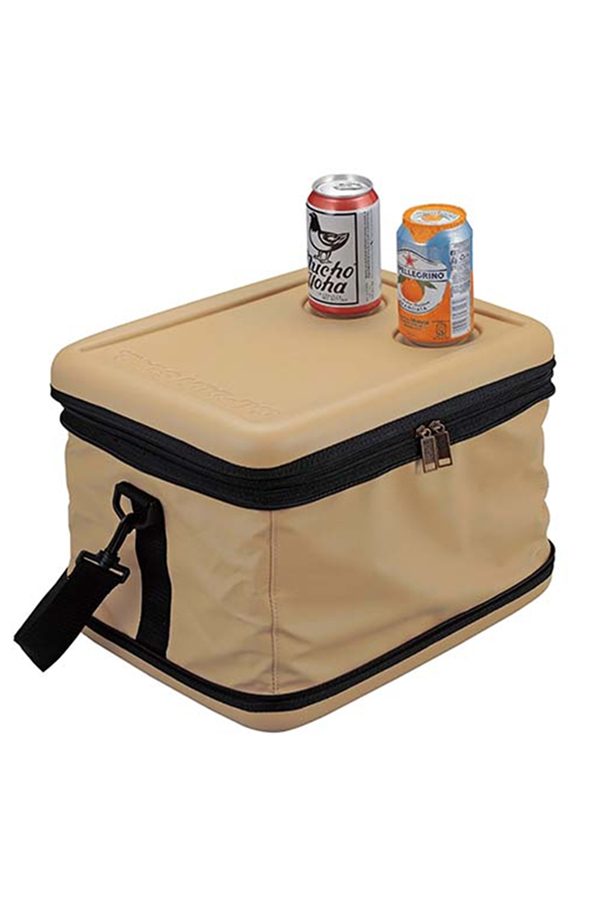 Canned beverages on the lid of a Captain Stag foldable cooler bag in beige