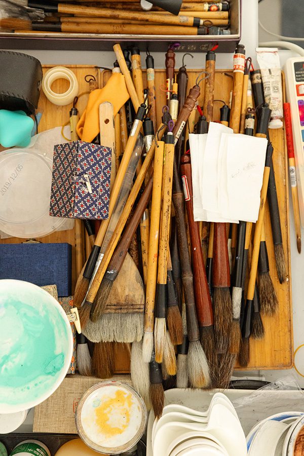 Brushes in Chan Keng Tin's Kennedy Town studio