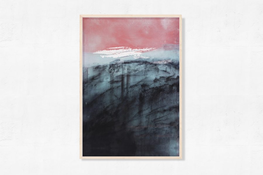  Front view of a reprinted artwork, by artist Carla Chan, hanging on a dark brown wall inside the Business cabin of a Cathay Pacific aircraft.