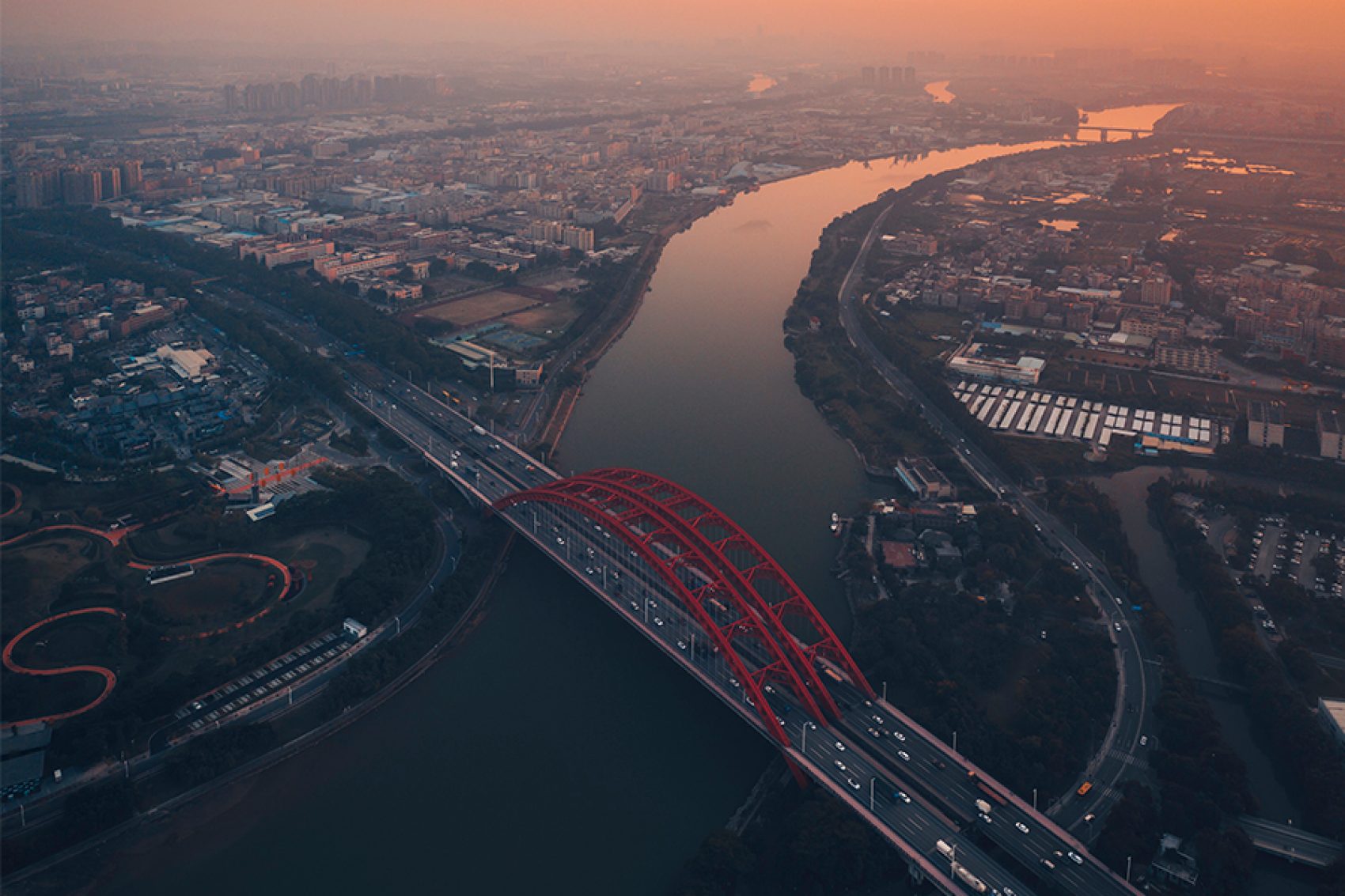 Aerial shot of river in Dongguan 
