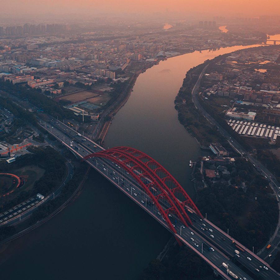 Aerial shot of river in Dongguan 