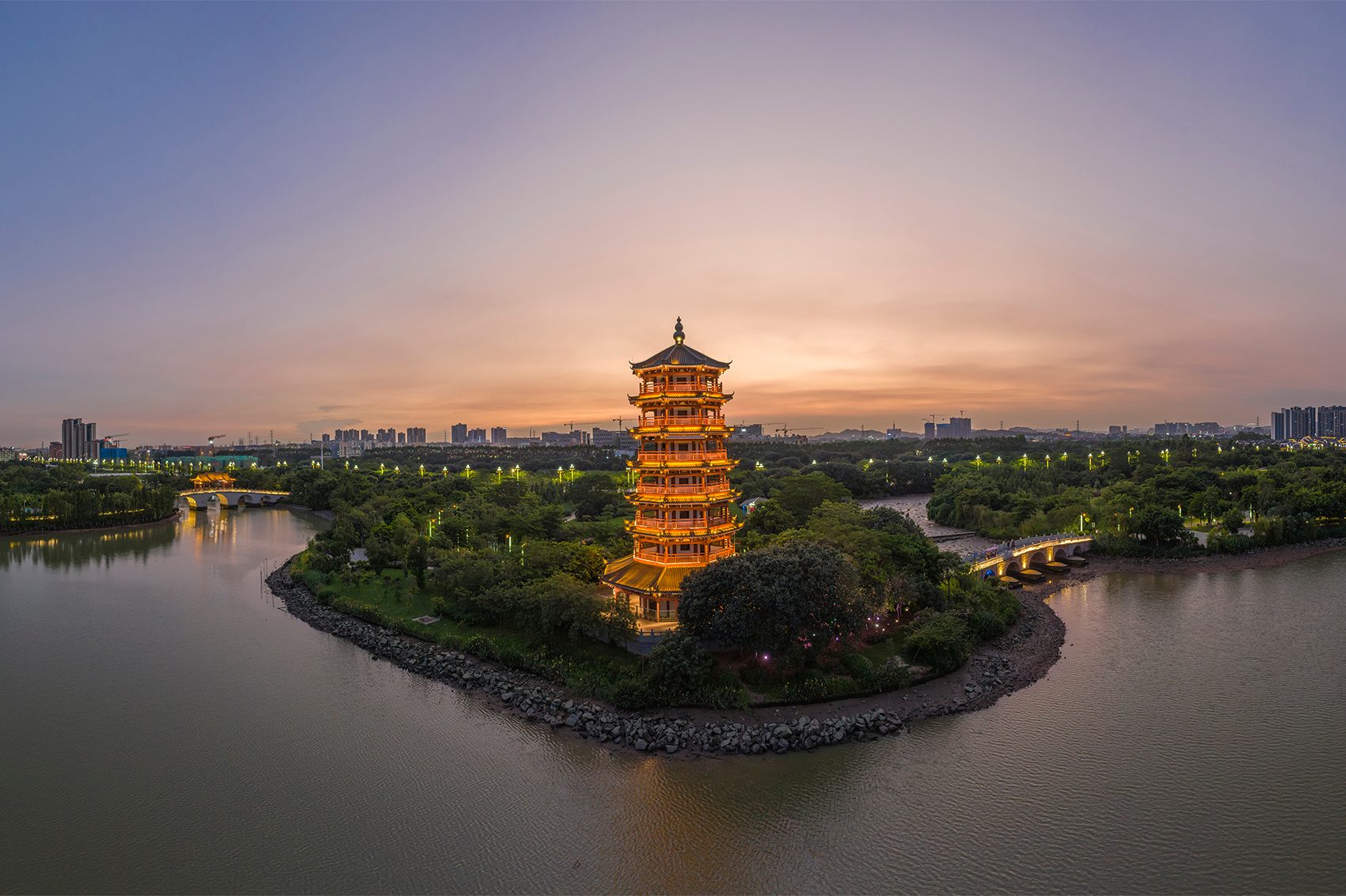 Pagoda by side of water in Dongguan wetland park