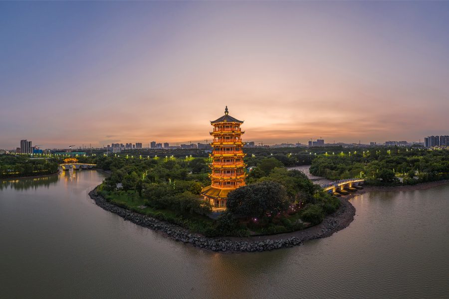 Pagoda by side of water in Dongguan wetland park