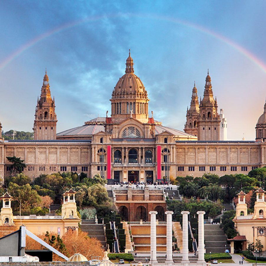 Museu Nacional d'Art de Catalunya with a rainbow in the sky