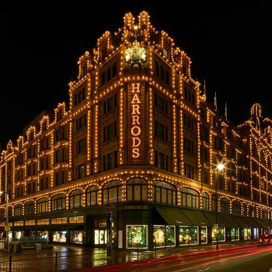 Harrods at night in London