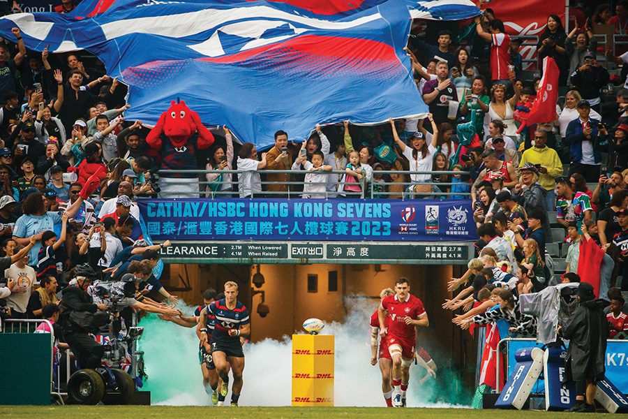 Players emerge onto the pitch at Hong Kong Rugby Sevens