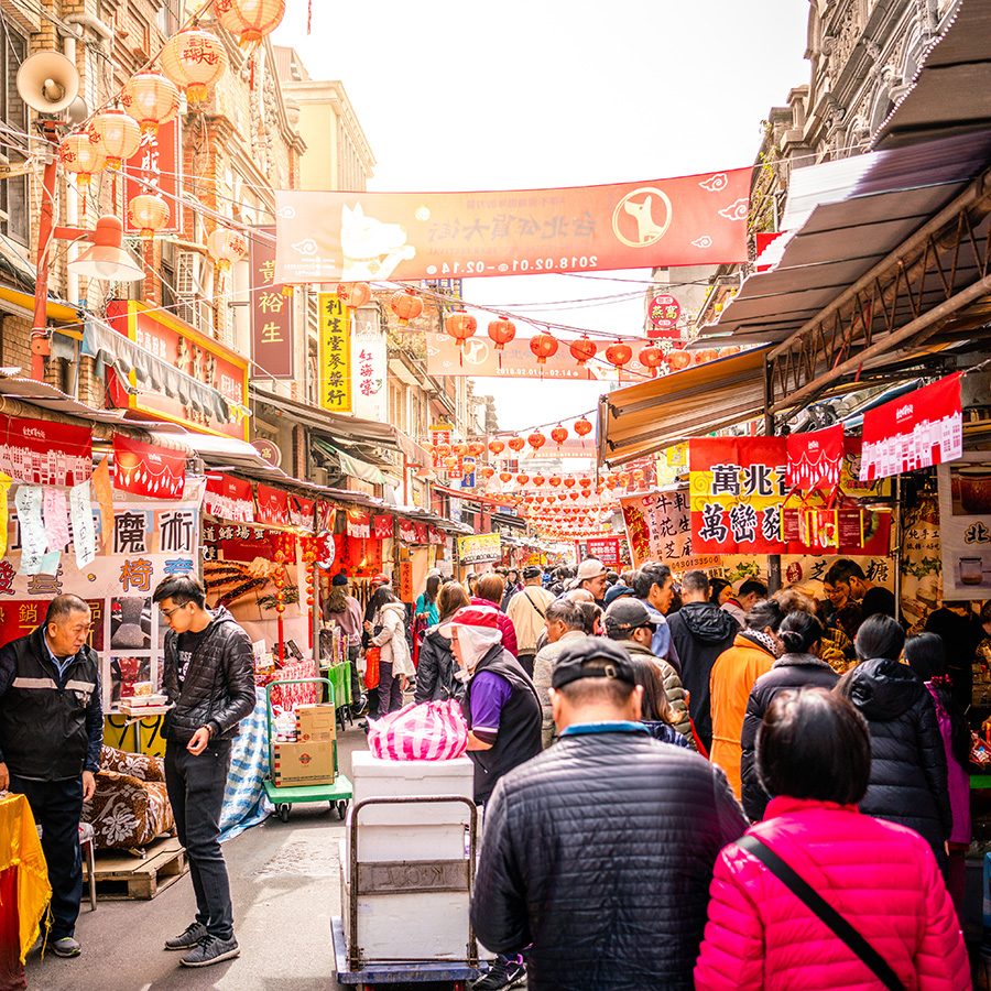 A busy market street in Taipei