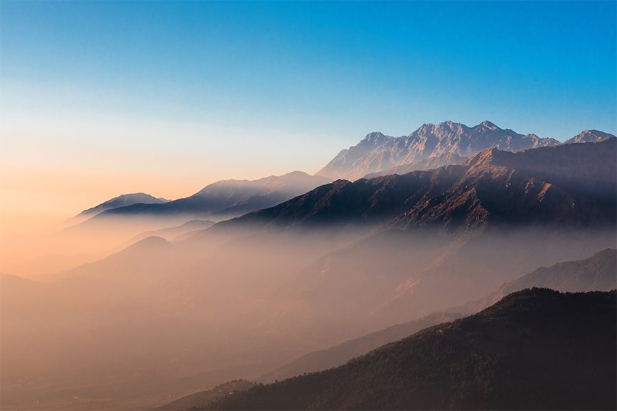 Wide range shot of Dhauladhar range in the mist