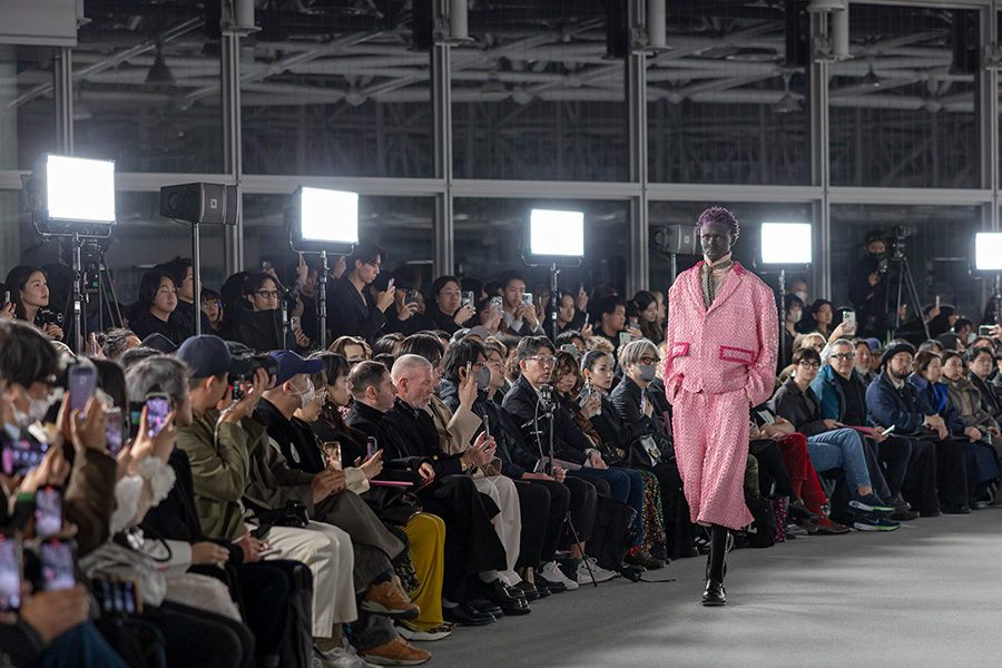 A model walks down the Anrealage homme Runway