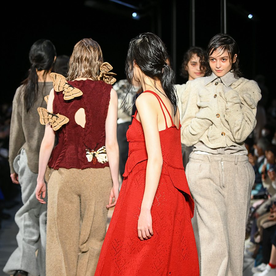 Models showcasing diverse knitwear designs by Koji Hirano on the Pillings Runway at Rakuten Fashion Week TOKYO