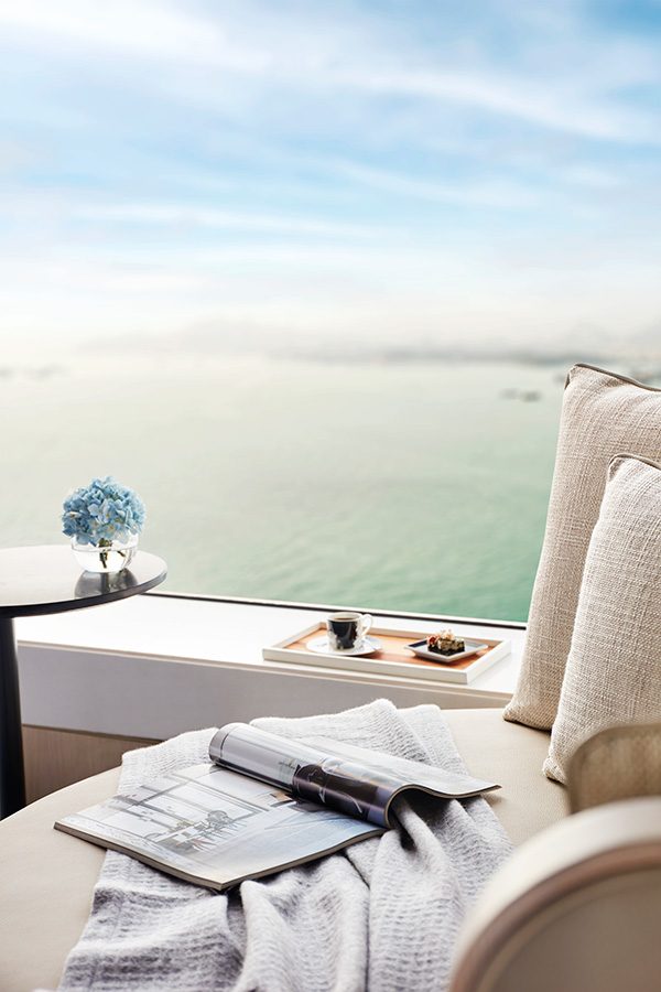 A Four Seasons hotel room looking out at the sea