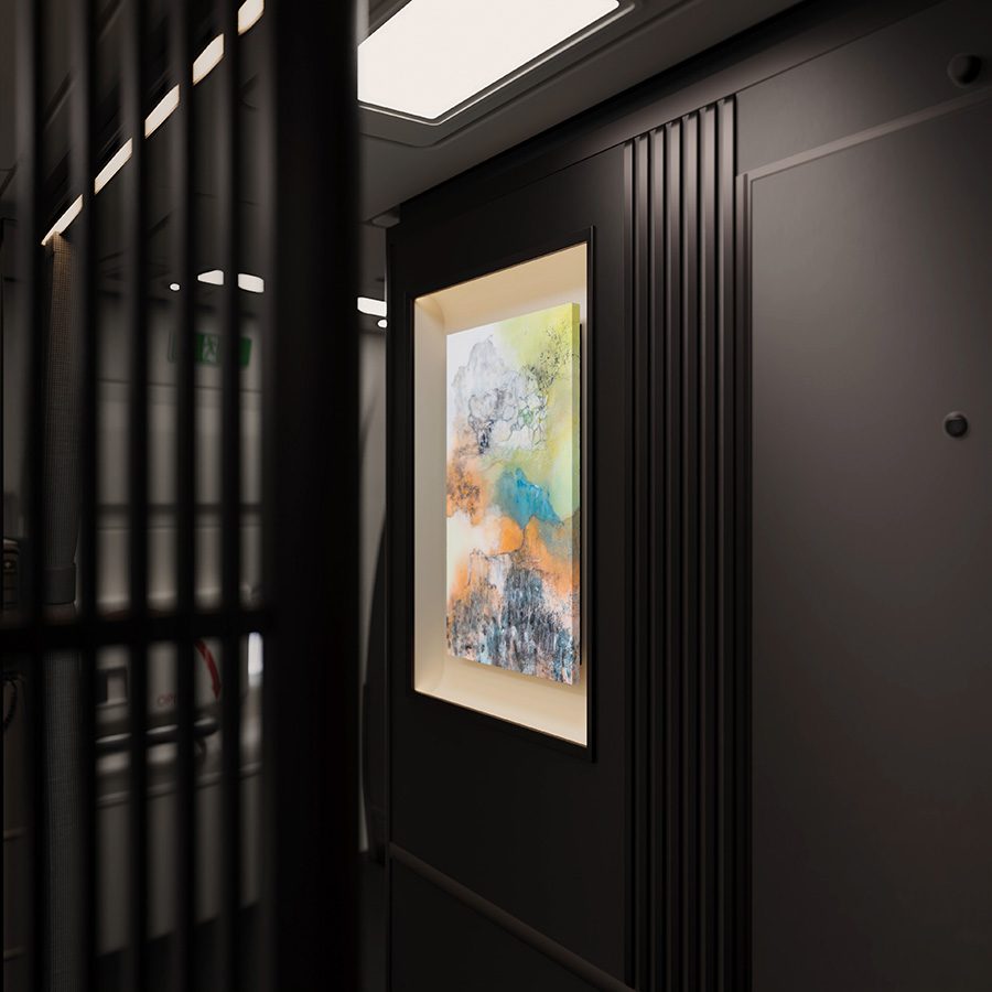 A photo taking from the side, showing an orange yellow and blue colour style of the Artwork