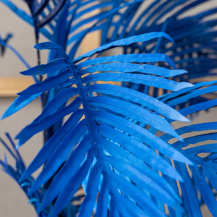 A close up of a blue flower in painter Tobe Kan's art studio