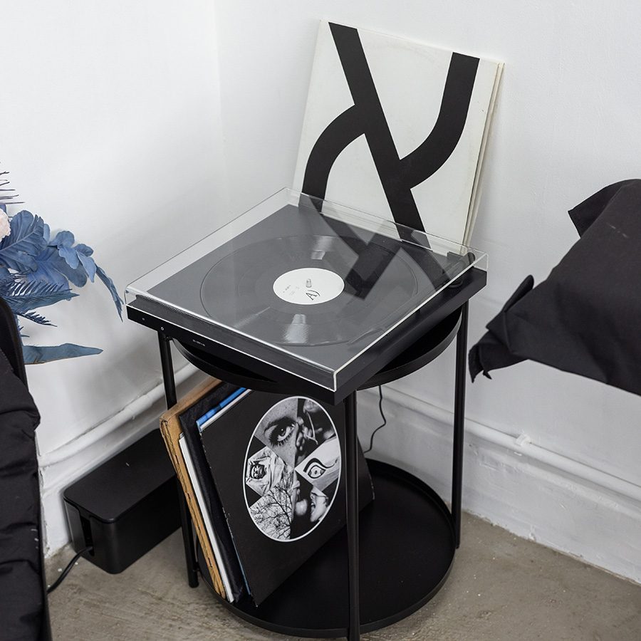 Vinyl records on a chair in Tobe Kan's art studio