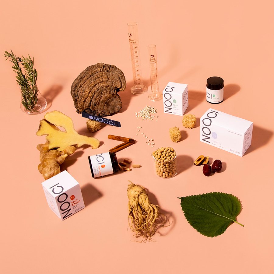 A photo of some NOOCI's products with pink background.