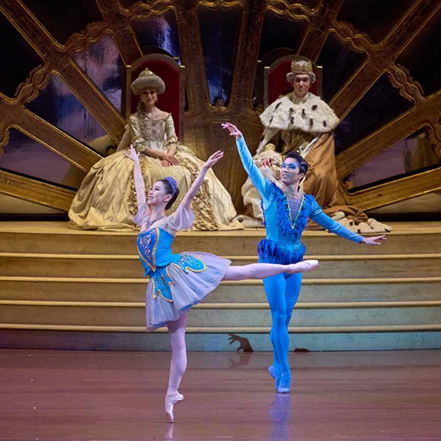 Two ballet dancers from Hong Kong Ballet perform The Sleeping Beauty on stage
