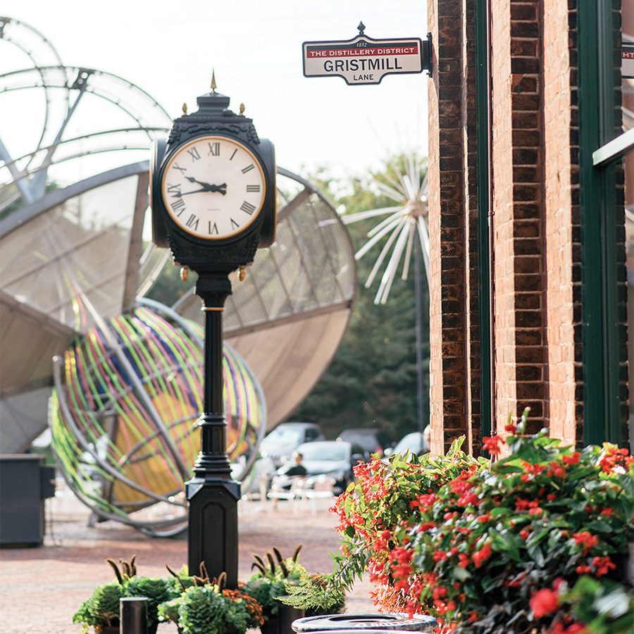 The clock tower at Trinity Square in Distillery District, Toronto