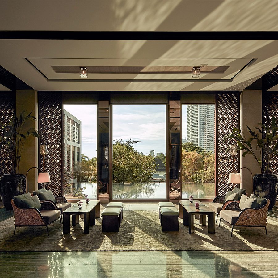 Interior photos of Capella's lobby.