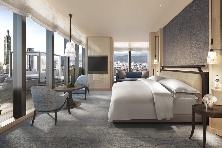 Capella Taipei's bedroom has floor-to-ceiling glass city views and a king-size bed.