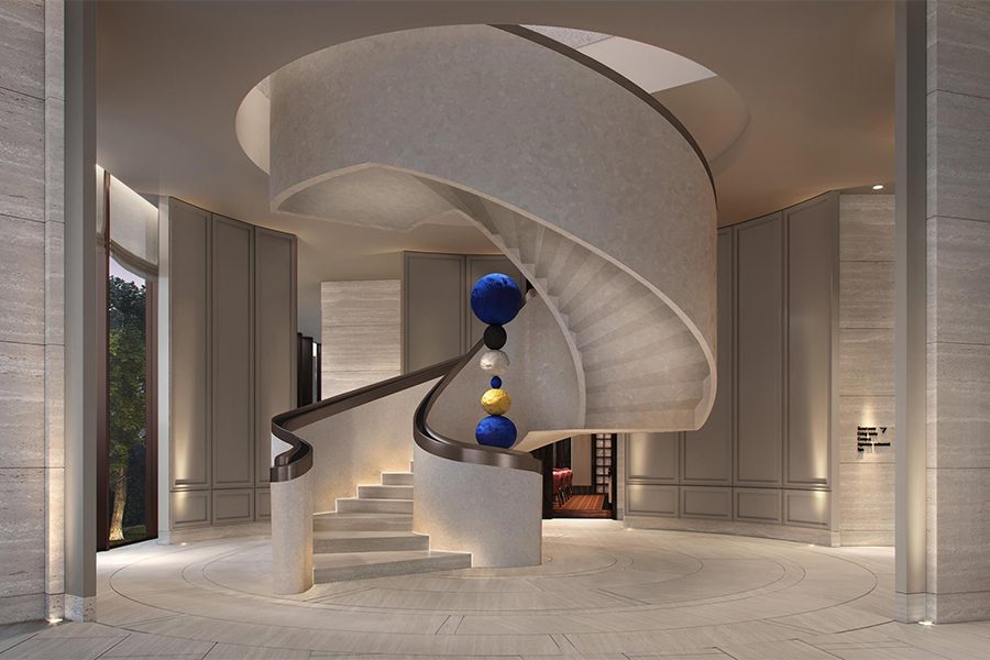 A uniquely designed spiral staircase in Capella Taipei. 
