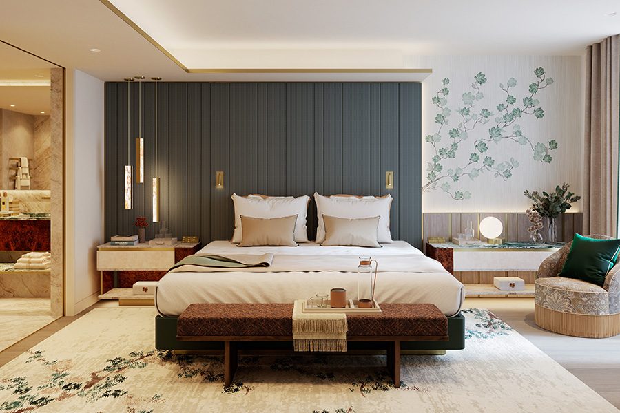Bedroom with double bed in Mandarin Oriental Mayfair.