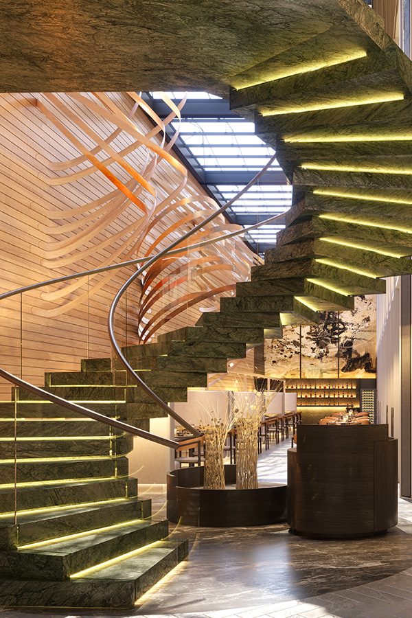 The winding staircase at Mandarin Oriental Mayfair.