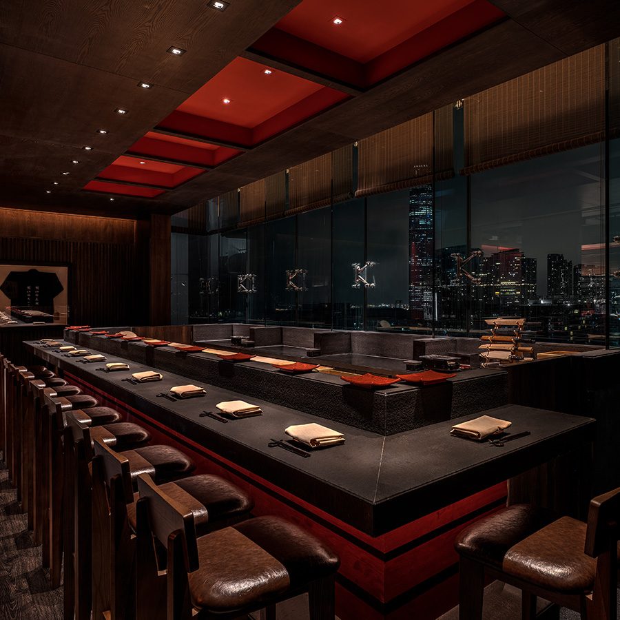 Gonpachi dining area interior with elegant seating and panoramic city views