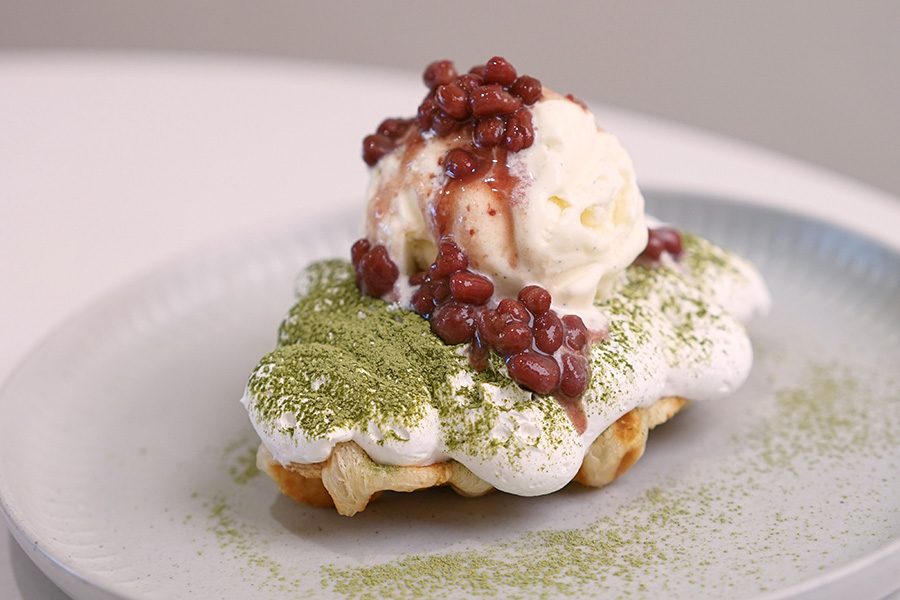 Shh Café waffle with ice cream, red beans, and matcha powder