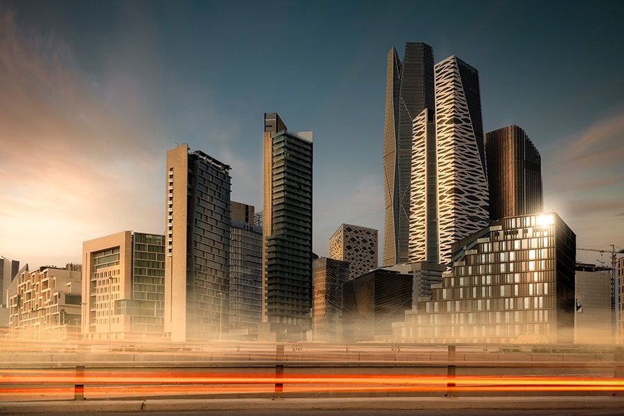 Tall buildings in the financial district of King Abdullah