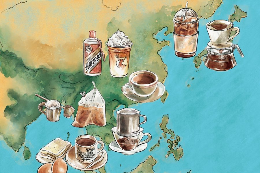 Map with coffee illustrations