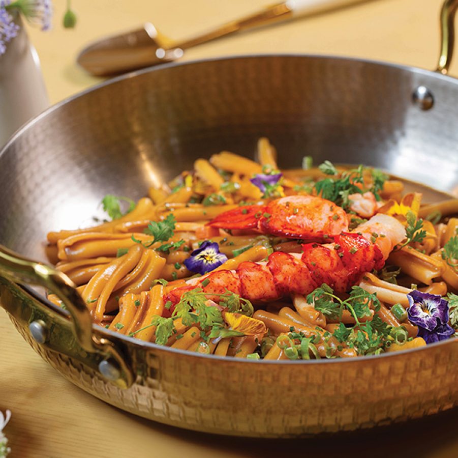 A photo of Boston Lobster Casarecce served on a silver plate at Tangram