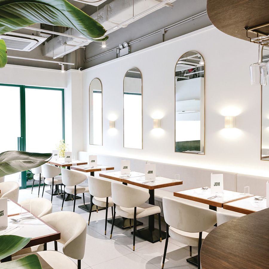 Brightly lit interiors of the dining area at Jom