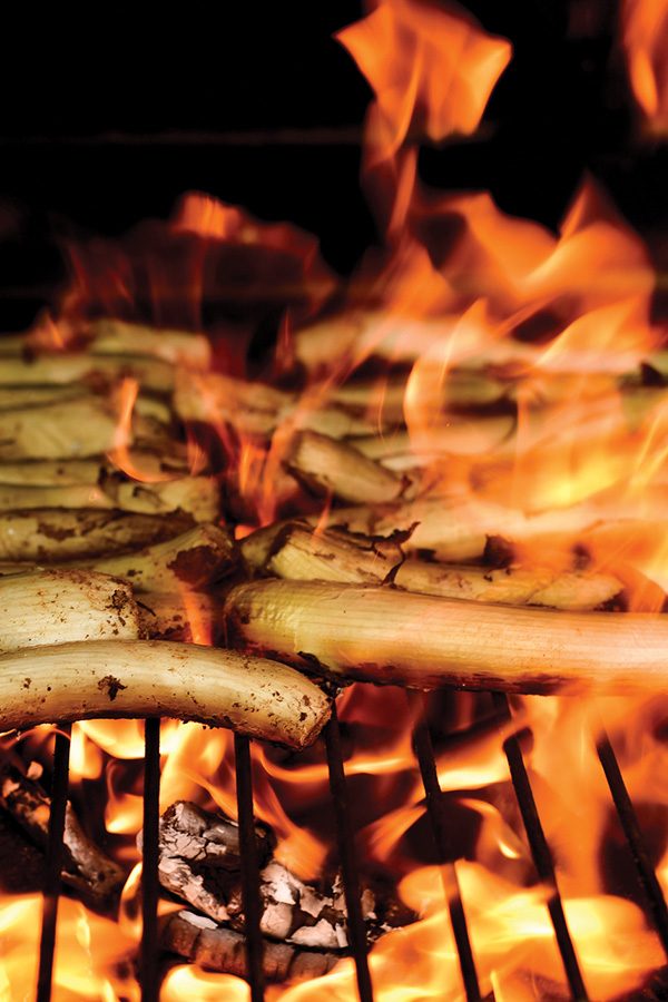 Rroasting a chicken over a high flame. 