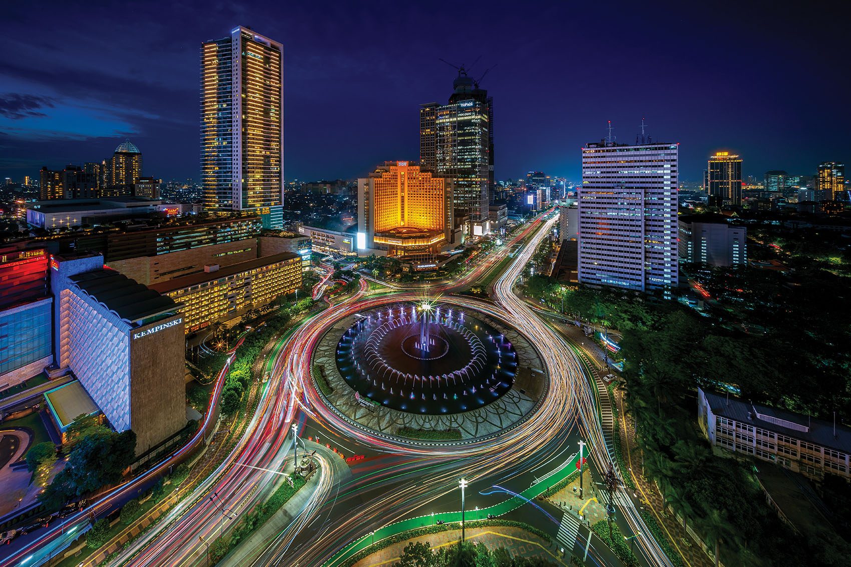 Night view of one of the roundabouts in Jakarta City