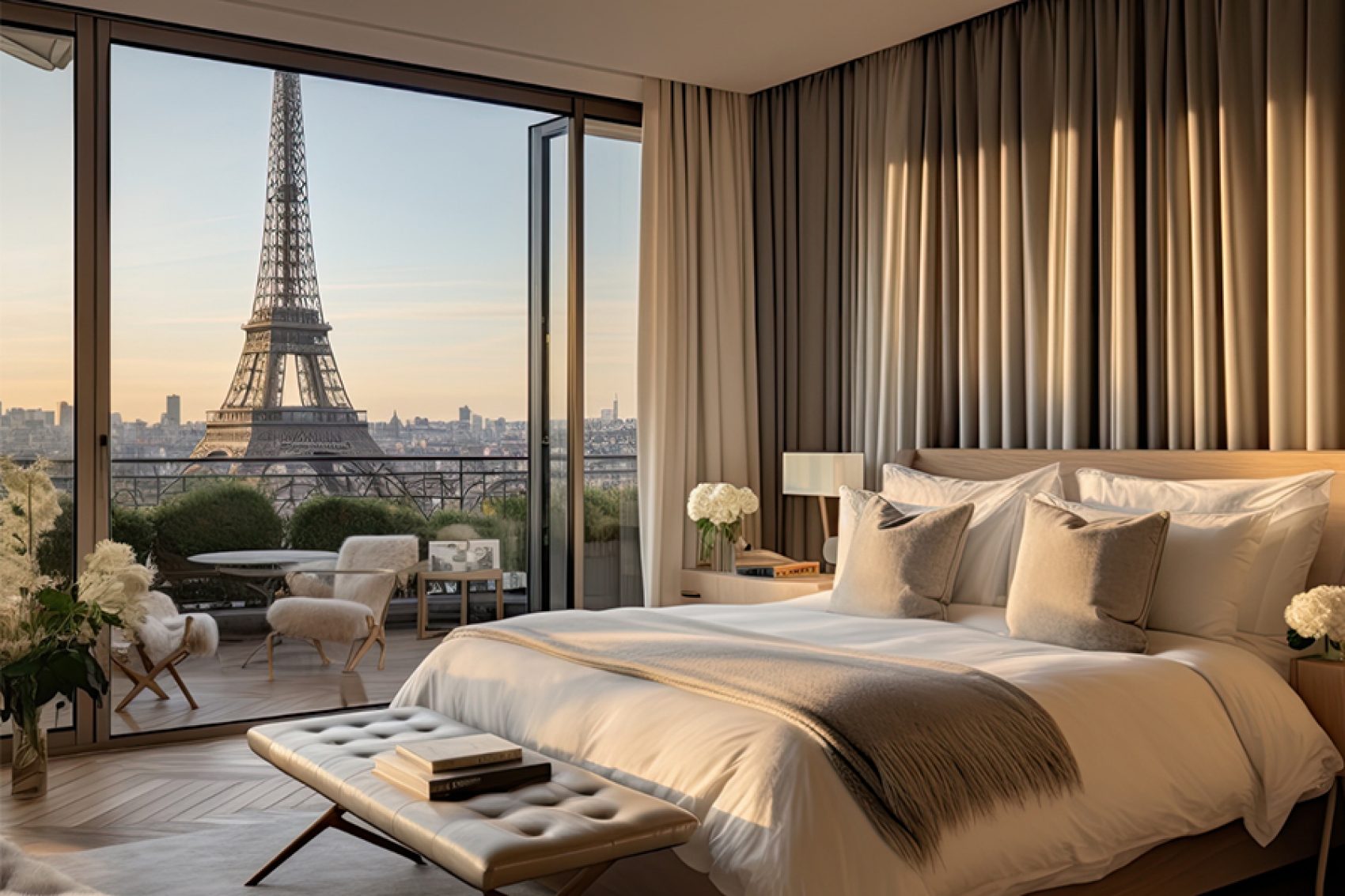 Luxurious bedroom with a view of the Eiffel Tower.