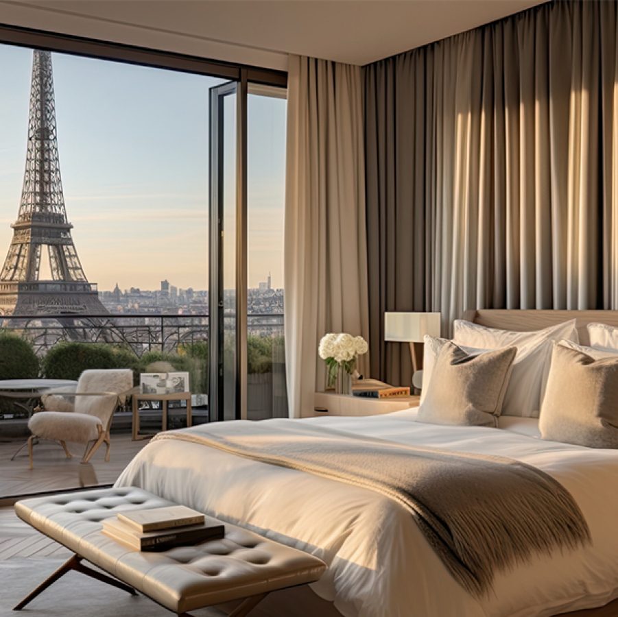 Luxurious bedroom with a view of the Eiffel Tower.