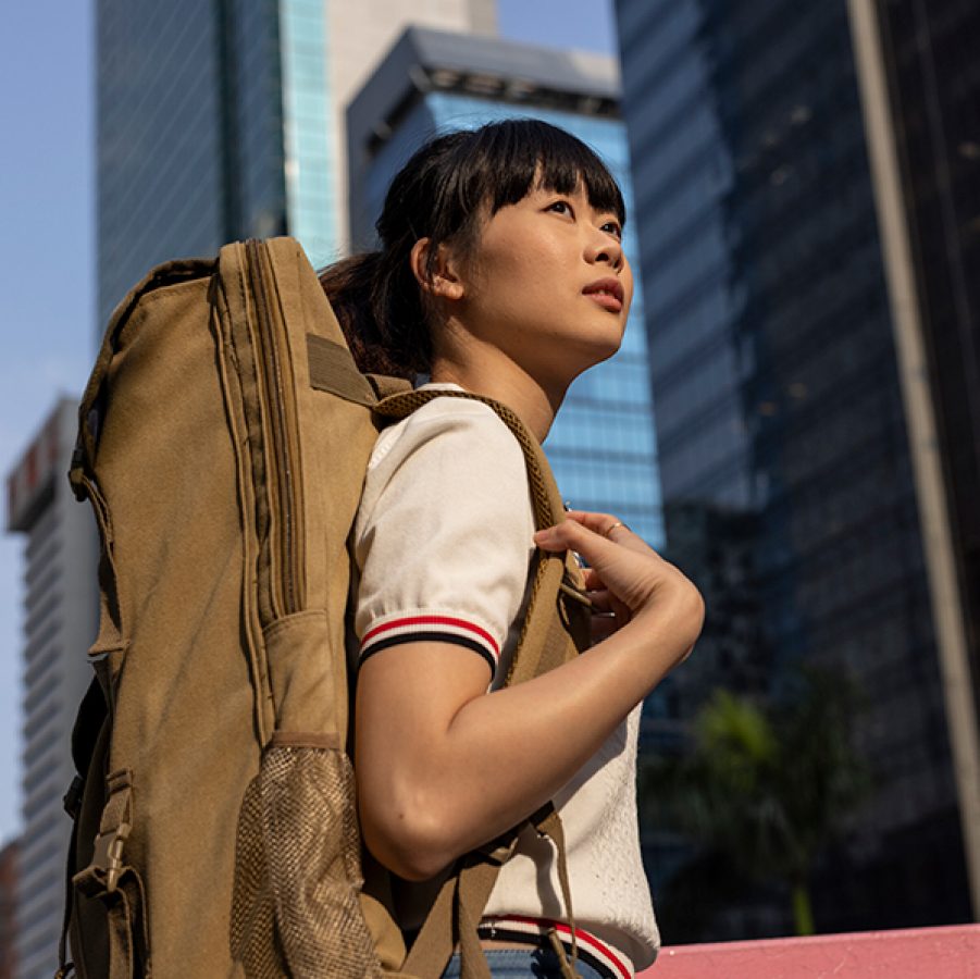 Elaine Chiu with her backpack