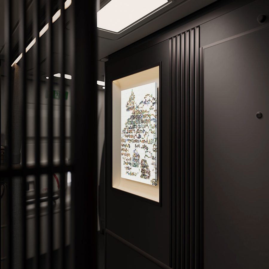 Photographed from the side, Sophie Cheung's artwork hangs on the wall.