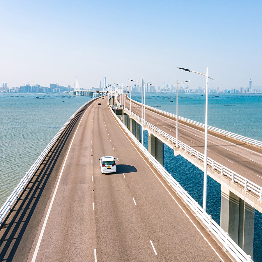 An aerial view over the Shenzhen Bay Bridge