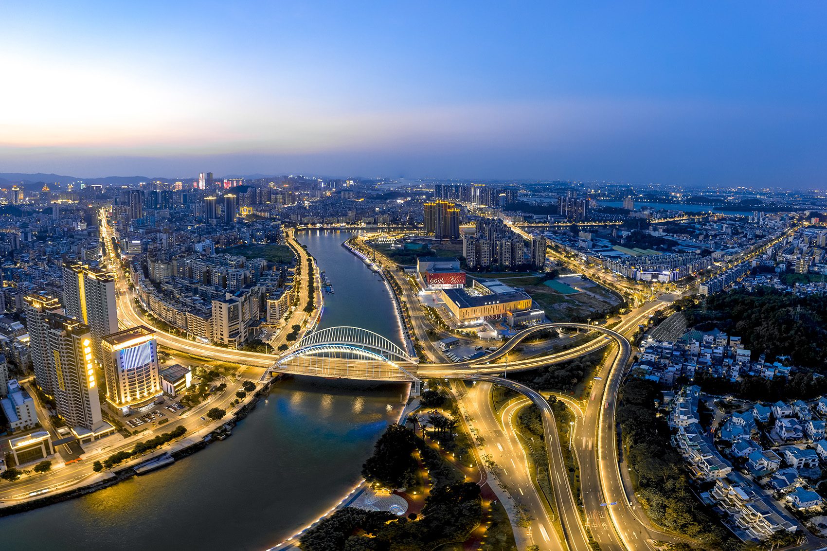 Jiangmen's skyline view at night.