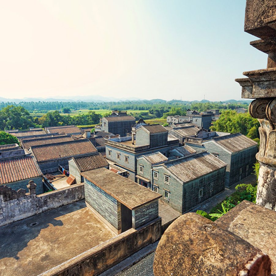 A photo of Kaiping Diaolou and villages in China