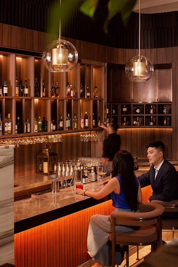 A man and a woman are sitting in a bar at the Upper House, drinking and talking.