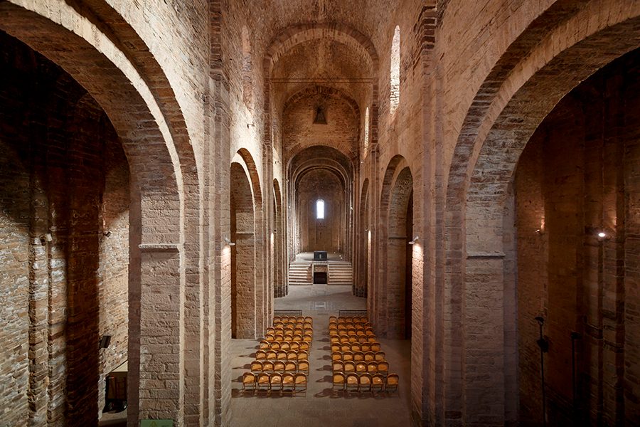 High angle view of altar and chairs in Sant Vicenc Church