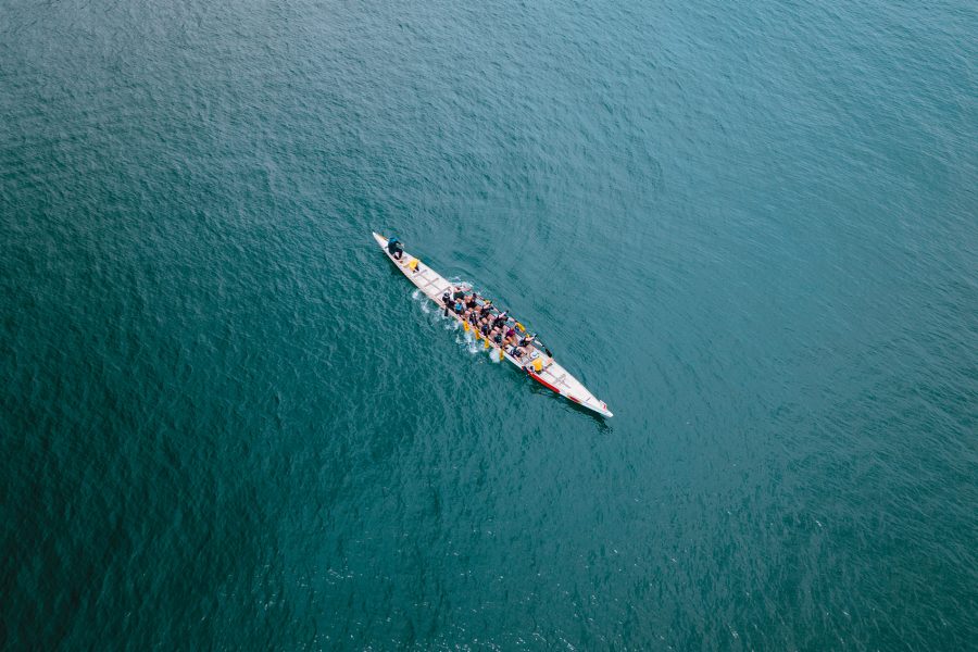 Aerial shot of a dragon boat on the water. Credit: Elvis Chung